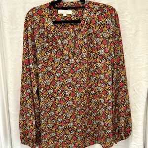 Loft Black Pink Yellow White Long Sleeve Floral Blouse V Neck Elastic Cuff XXL